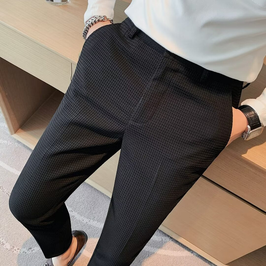 Men's cropped slim trousers textured lightweight cotton blend tapered ankle cut modern silhouette