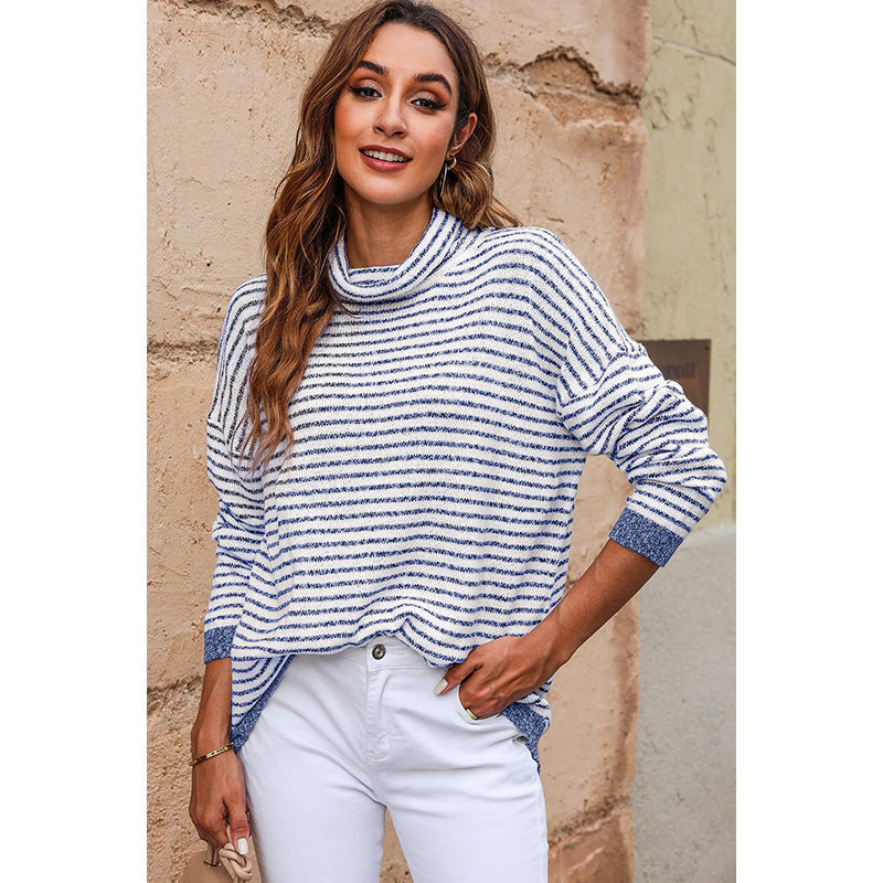 Women's striped turtleneck sweater relaxed fit wool texture knit with ribbed edges in warm tones