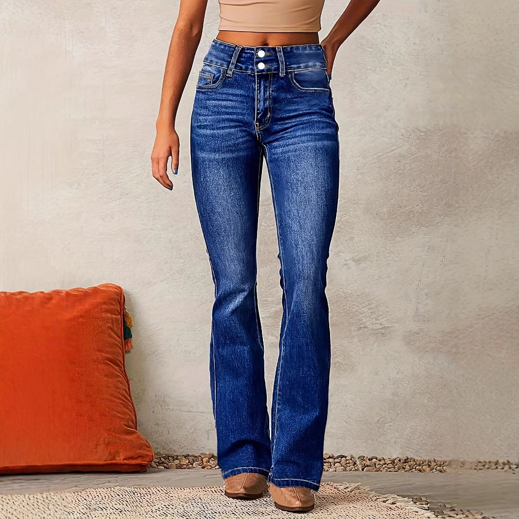 Women's high-waist flared jeans stretch cotton denim retro silhouette full-length leg-lengthening fit
