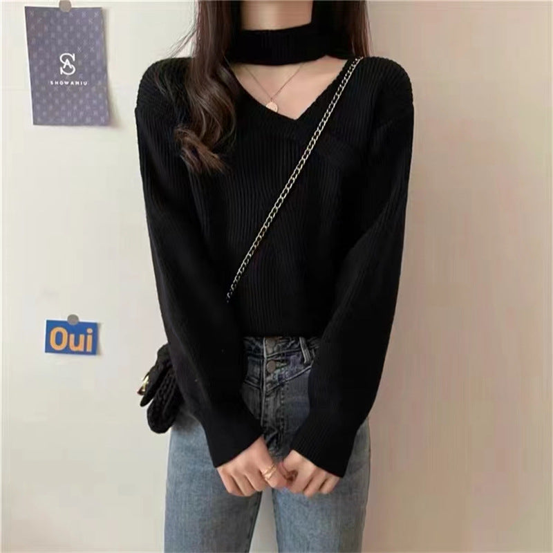 Women's relaxed fit V-neck knit sweater with choker collar, cozy fall winter pullover for layering