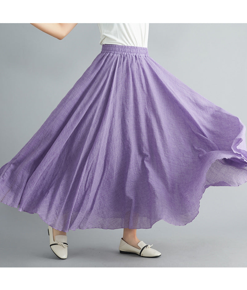 Women's cotton-linen pleated A-line maxi skirt, lightweight breathable fabric with fluid drape