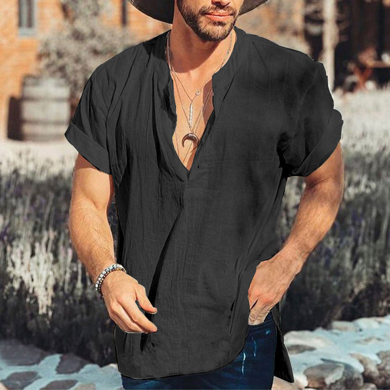 Men's relaxed fit v-neck short sleeve shirt in natural fibers, breathable everyday travel style