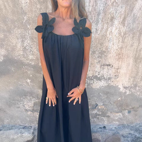 Women's relaxed fit maxi dress with floral shoulder detail, lightweight breathable fabric for effortless feminine style