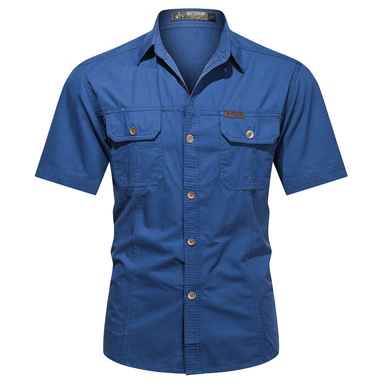 Men's relaxed fit cotton blend short sleeve shirt with dual chest pockets, versatile casual style