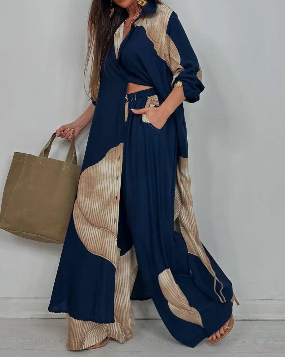 Women's multicolor patchwork oversized top and pants set, V-neck casual chic coordinated outfit