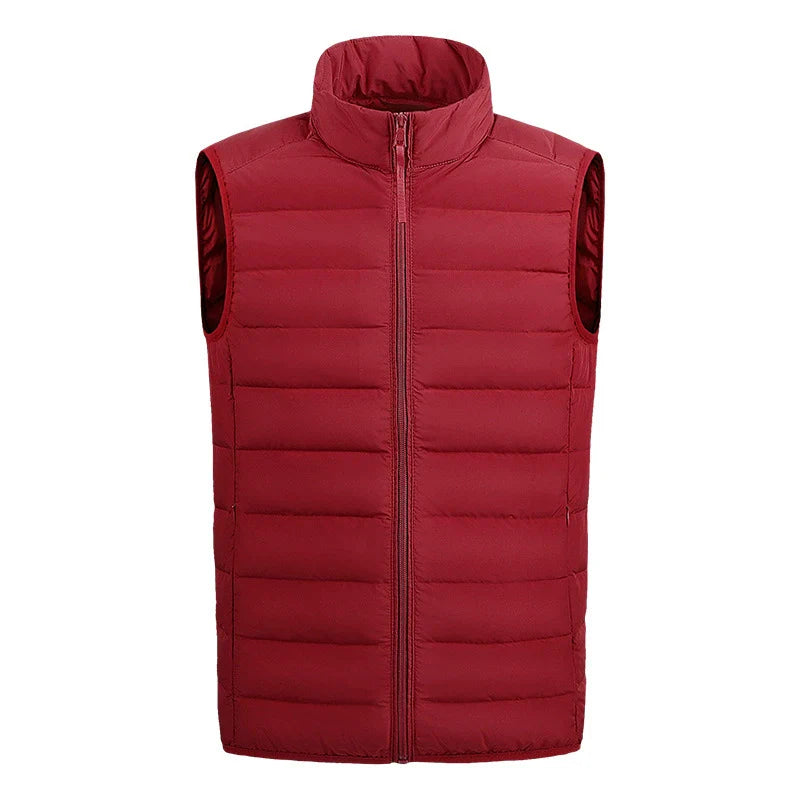 Men's navy blue quilted puffer vest with stand collar and side pockets, regular fit casual outerwear