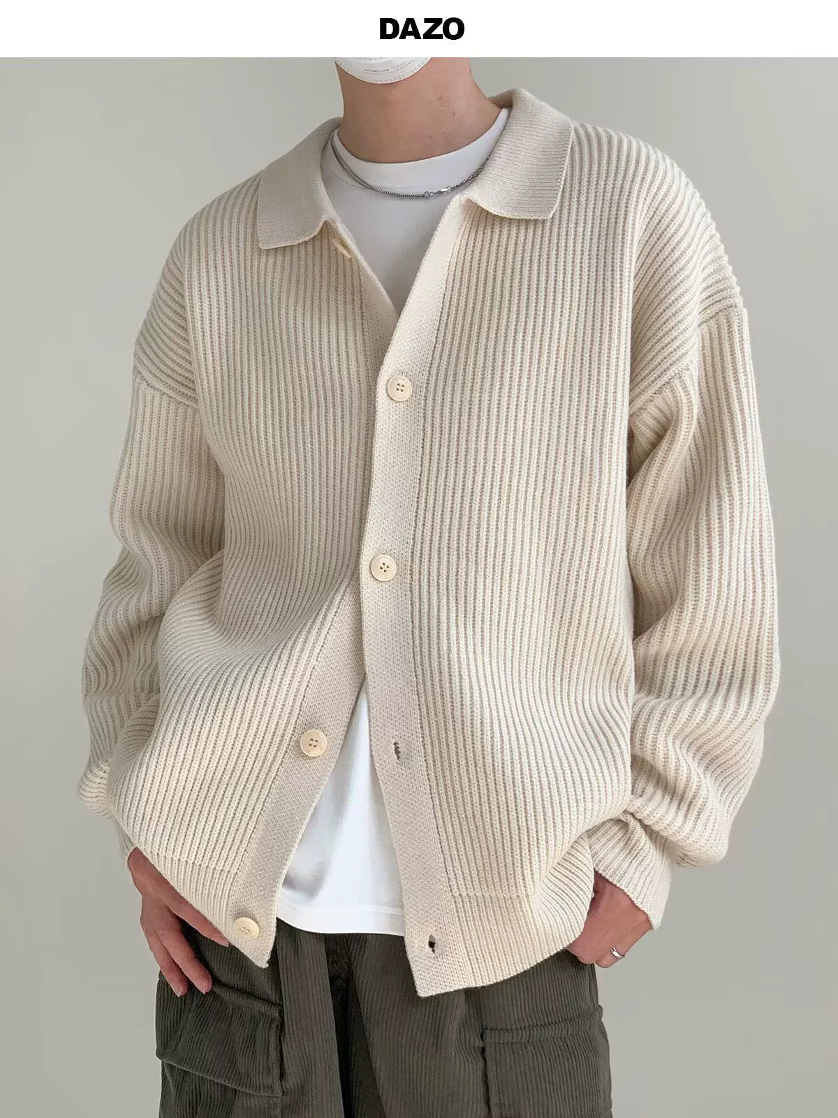 Men's relaxed fit knit cardigan in neutral tone with collared button-down front, cozy fall essential
