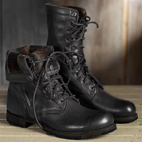 Women's brown leather lace-up mid-shaft boots with round toe and durable all-day comfort sole