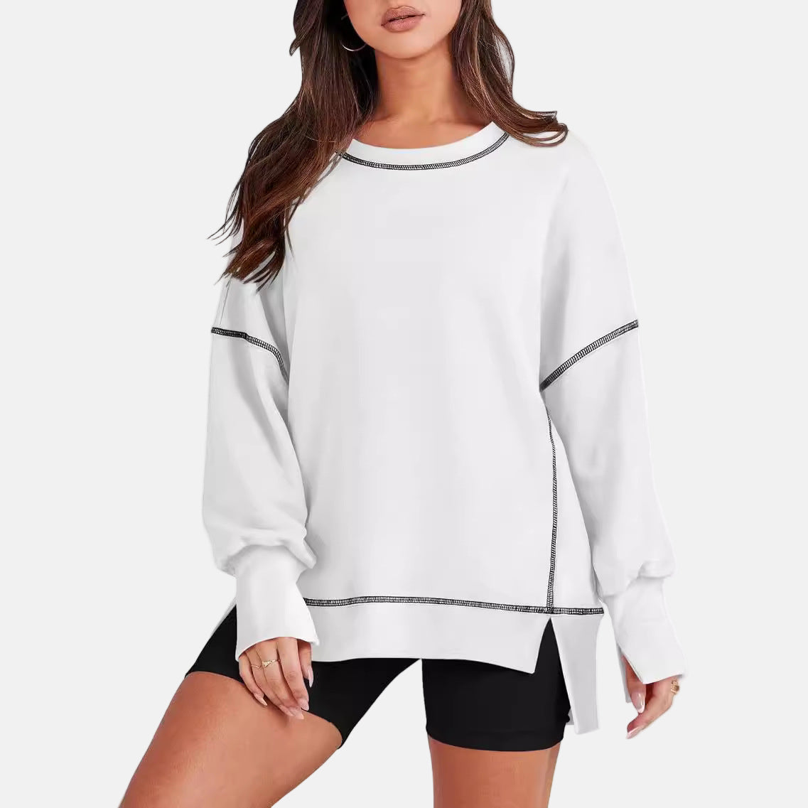 Women's oversized crew neck pullover sweatshirt relaxed fit with side slits for effortless layering