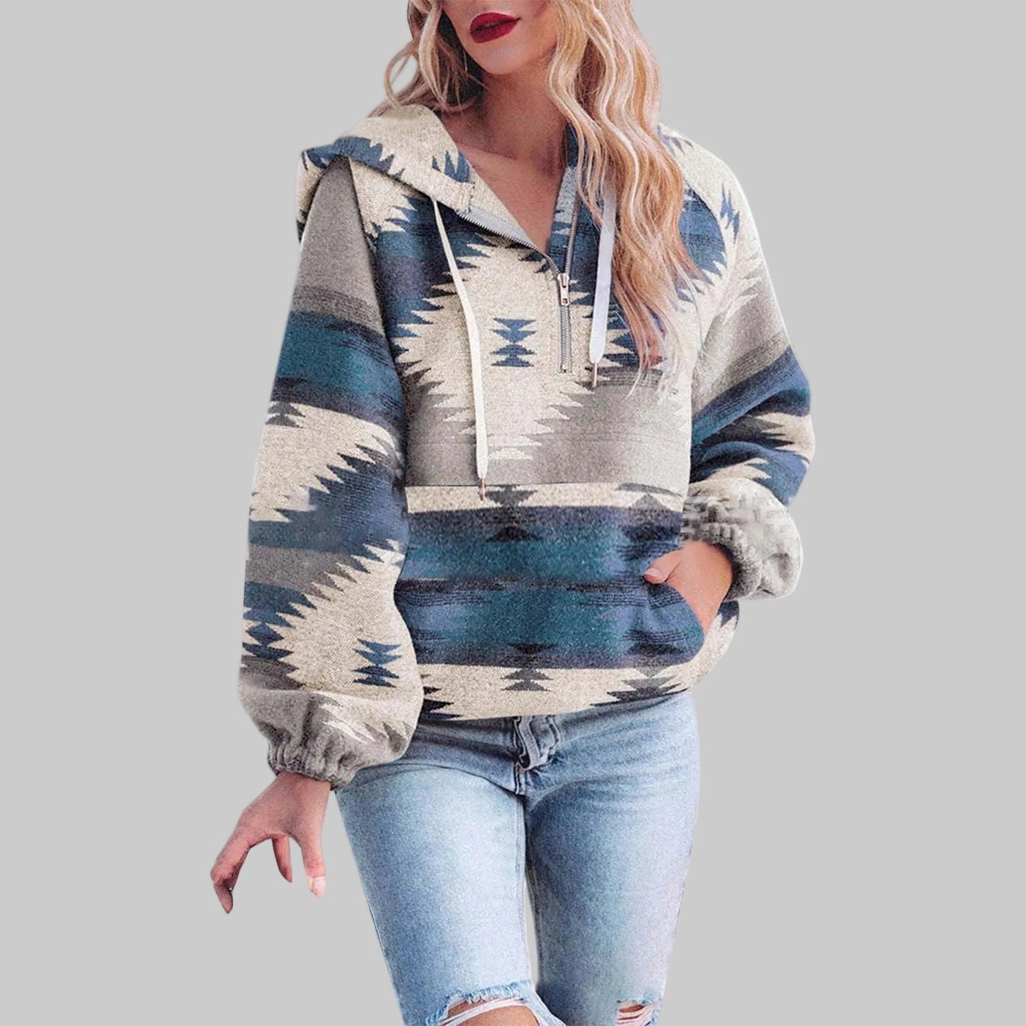 Women's colorful boho print half-zip hoodie cozy layering essential with vibrant pattern