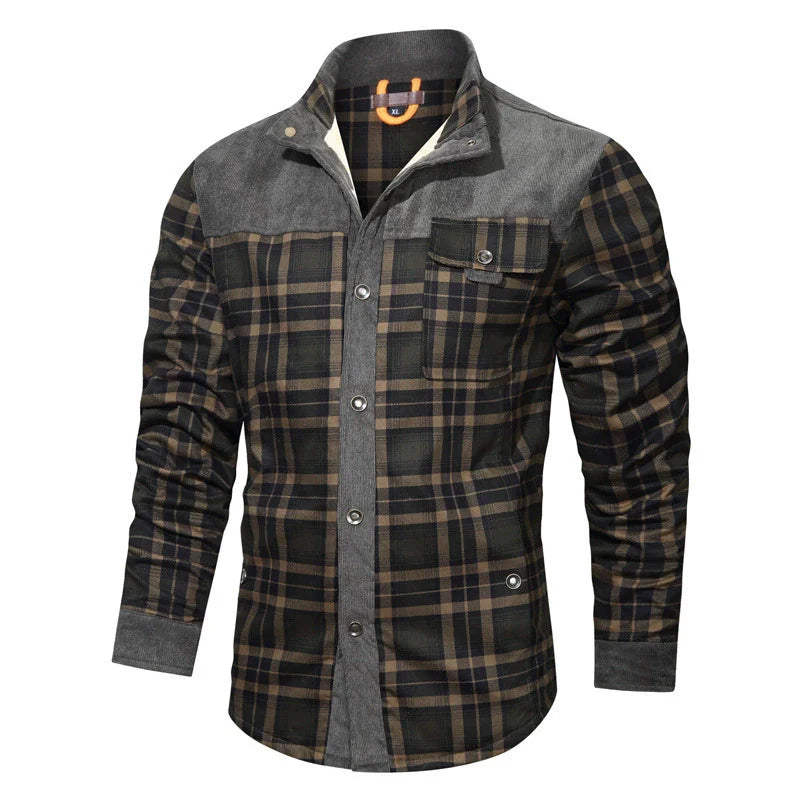 Men's relaxed fit fleece shirt jacket plaid pattern corduroy trim chest pockets casual warm layer