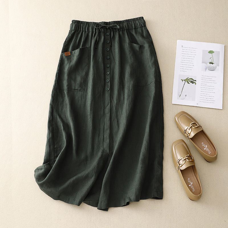 Women's natural fiber A-line midi skirt with drawstring waist and pockets, relaxed everyday style
