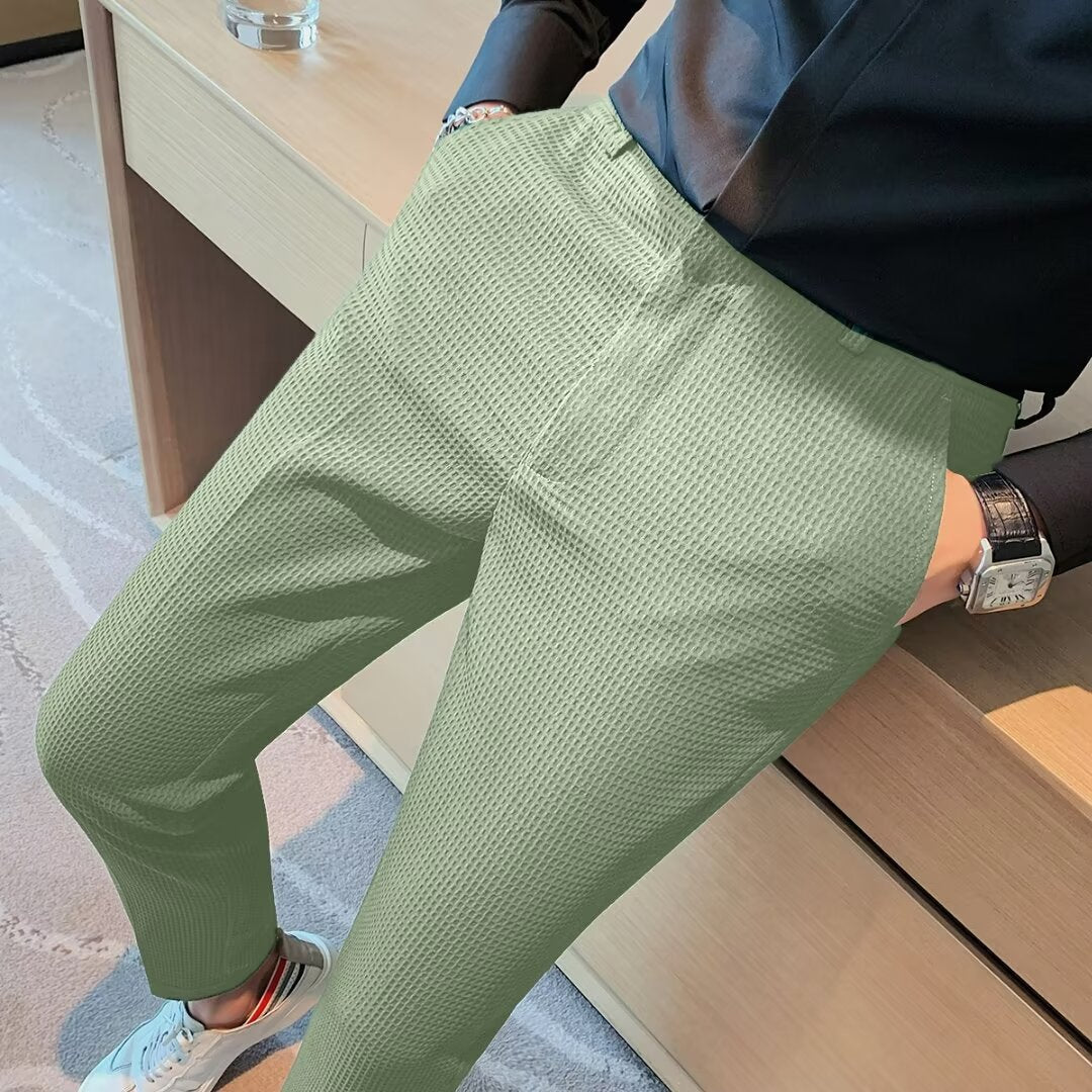 Men's cropped slim trousers in textured lightweight cotton blend, tapered ankle cut modern silhouette