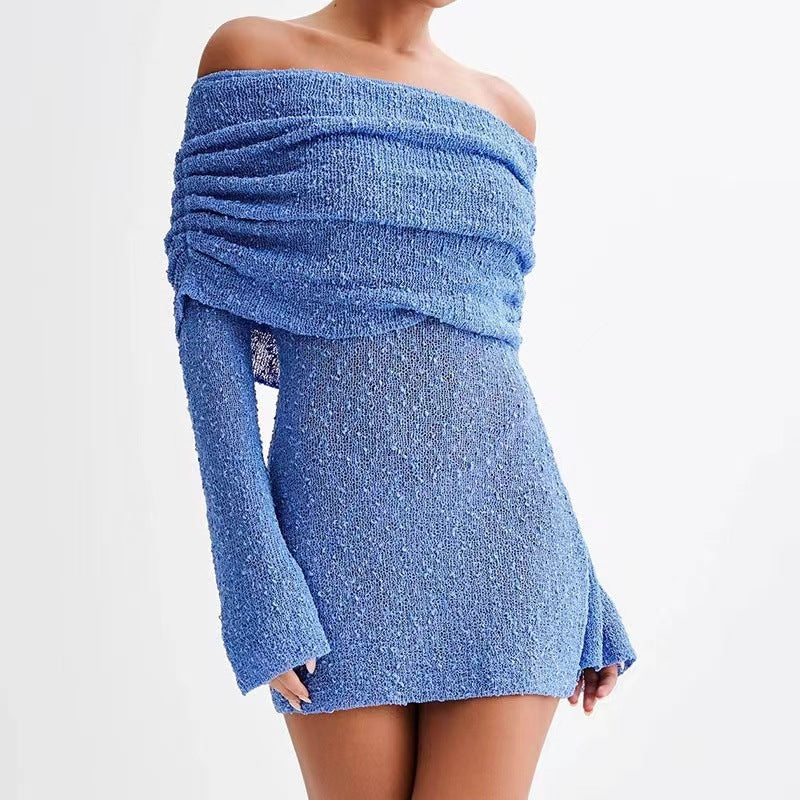 Women's off-shoulder slim fit semi-transparent light knit long sleeve beach dress coastal chic