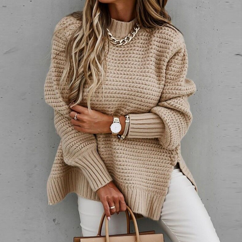 Jade women chunky knit sweater oversized cozy fit high neck textured ribbed cuffs everyday wear