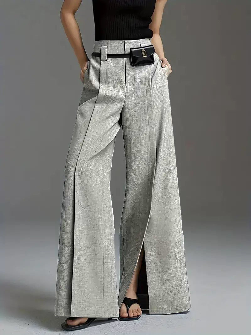 Women's high-waist wide leg pleated pants with split front detail in wrinkle-resistant poly spandex