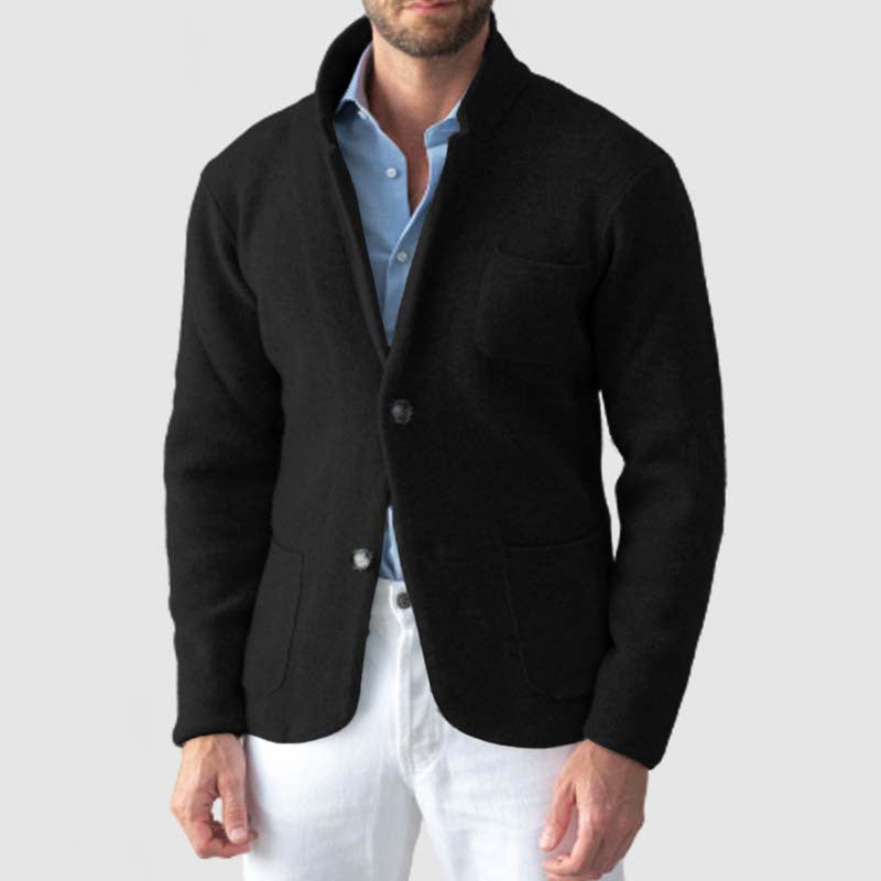 Men's slim fit wool-blend knit blazer with notched lapel, smart casual office style in neutral tone