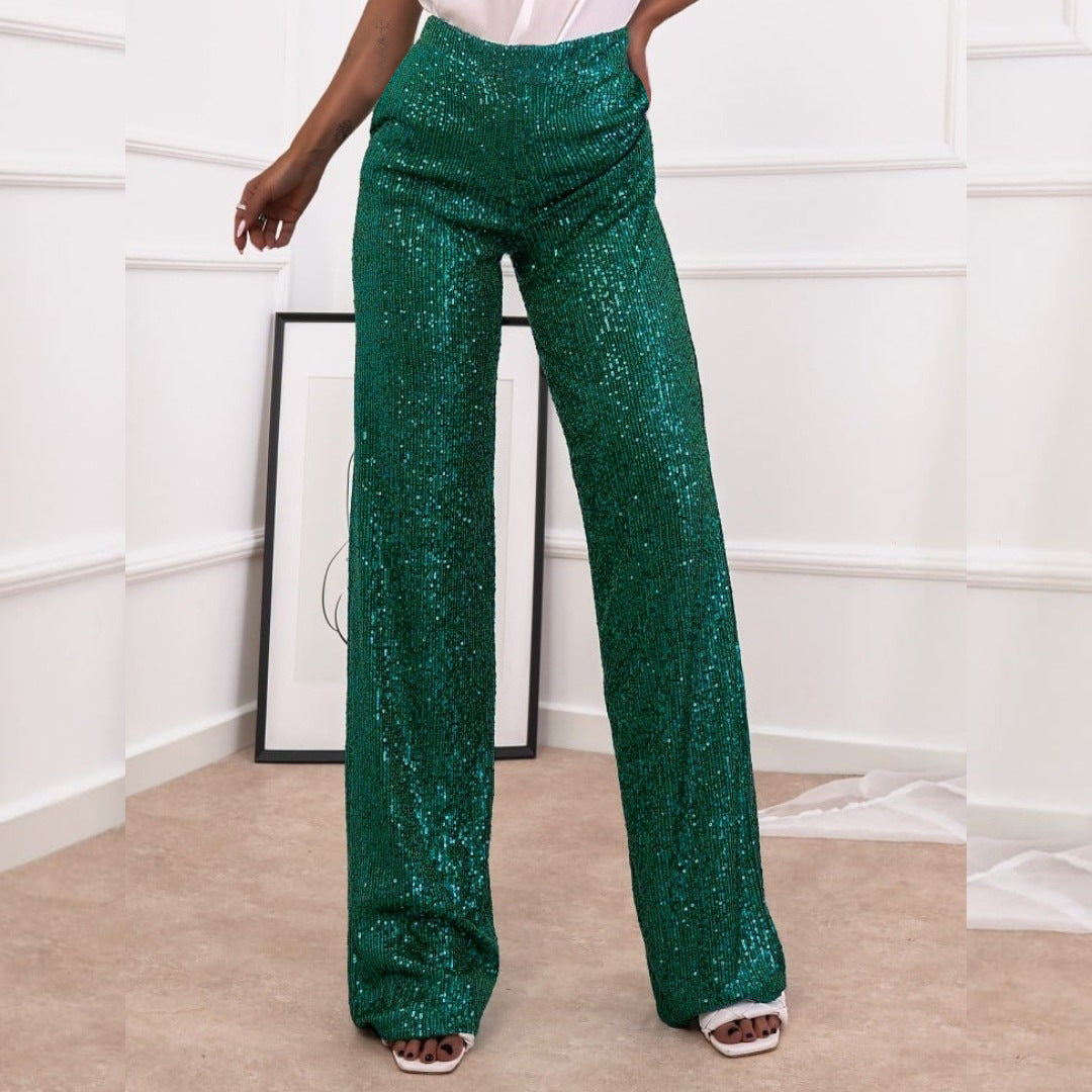Women's full-length sequin straight-leg pants relaxed fit glamorous evening sparkle party wear