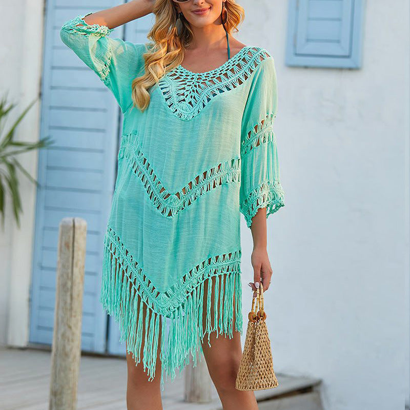 Women’s Cover-Up Dress – Relaxed Fit – Crochet Trim – Fringe Hem – Cotton Blend Fabric - Urbann-Vibe
