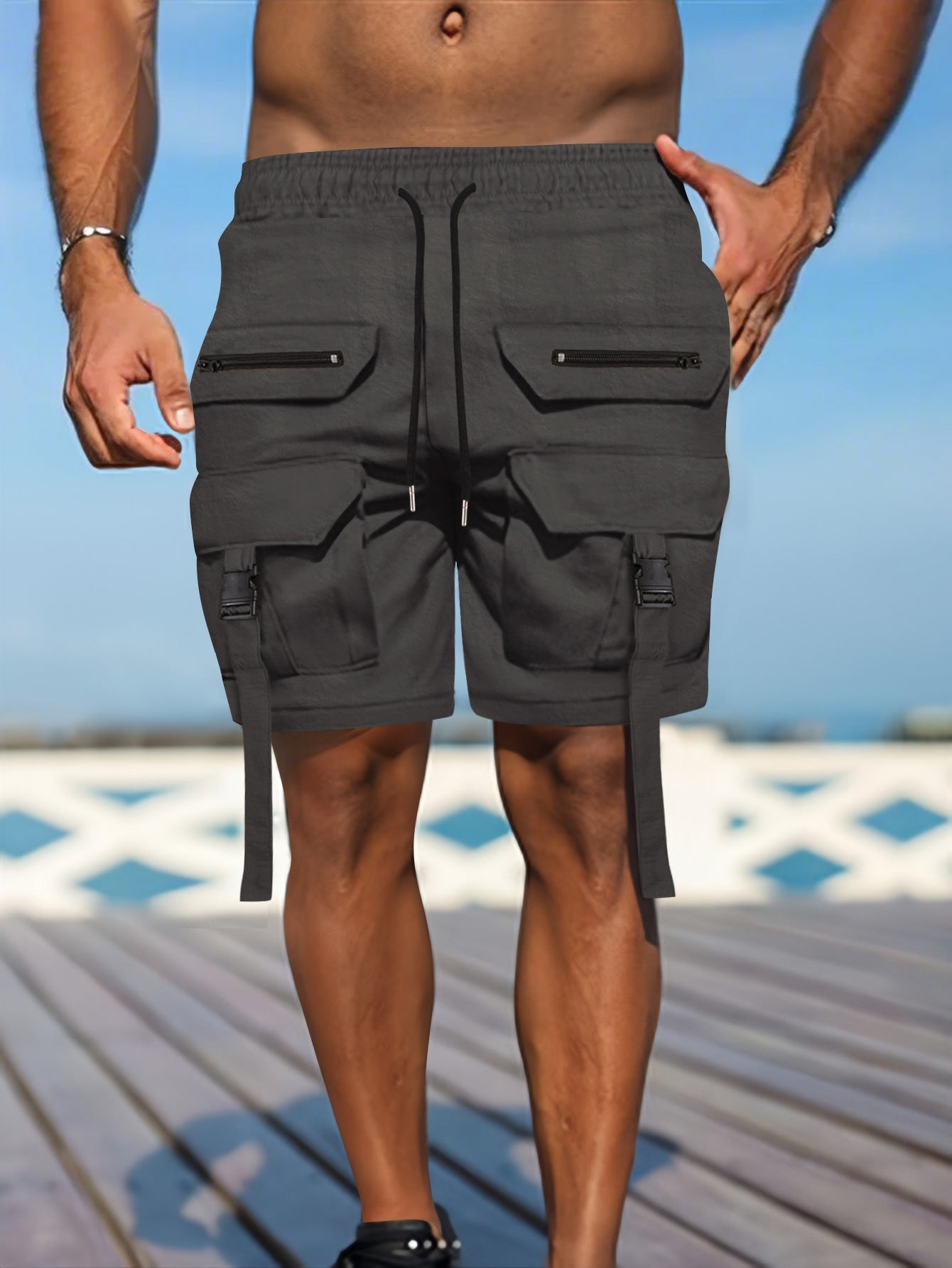 Men's khaki cotton-blend cargo shorts regular fit with multi-pocket utility design for outdoor wear