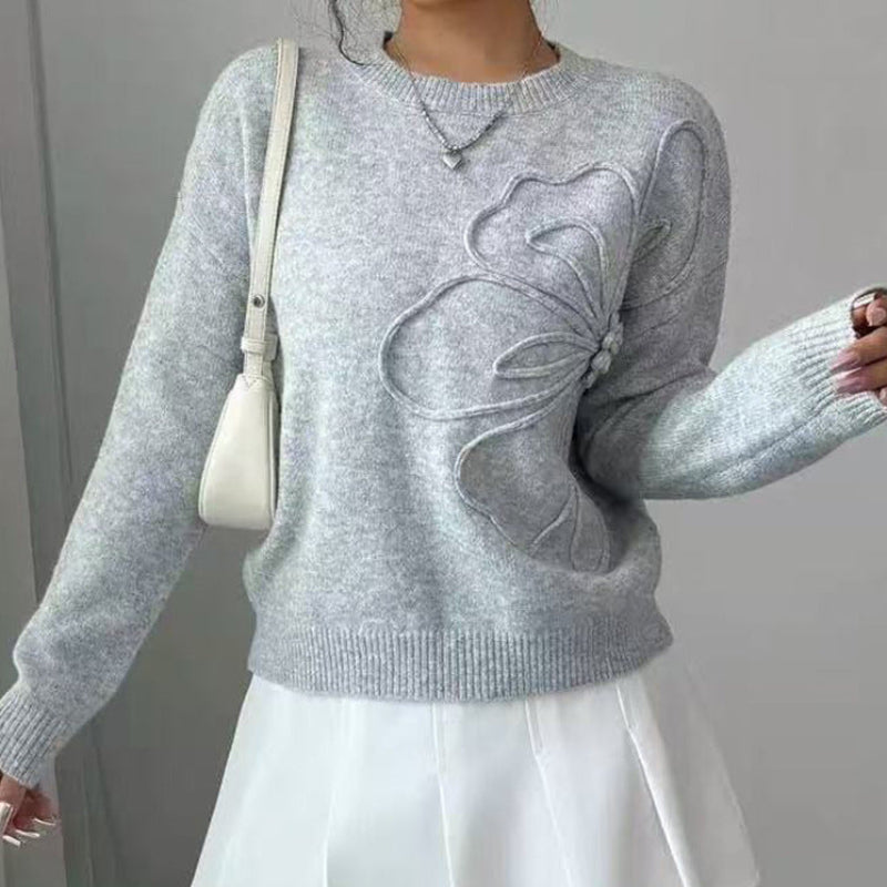 Women's relaxed fit wool pullover sweater with elegant embossed floral texture for cozy everyday wear
