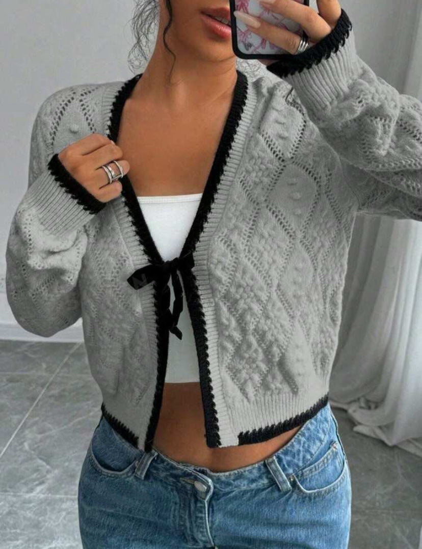 Women's cropped knit cardigan Nordic flair style with bow closure, casual everyday layering piece