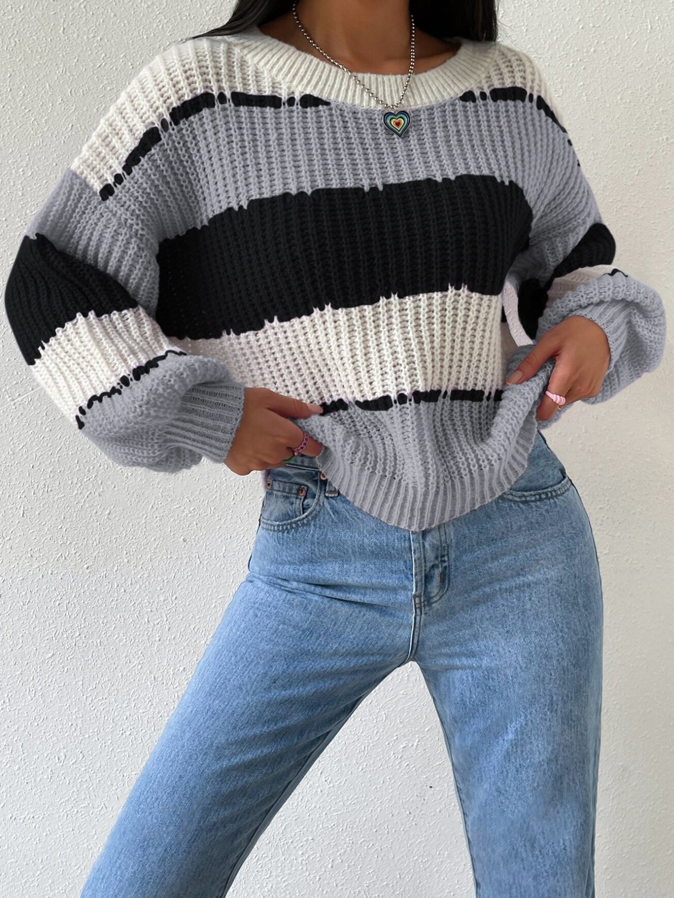 Women's striped knit pullover sweater classic cozy everyday layering style breathable soft fabric