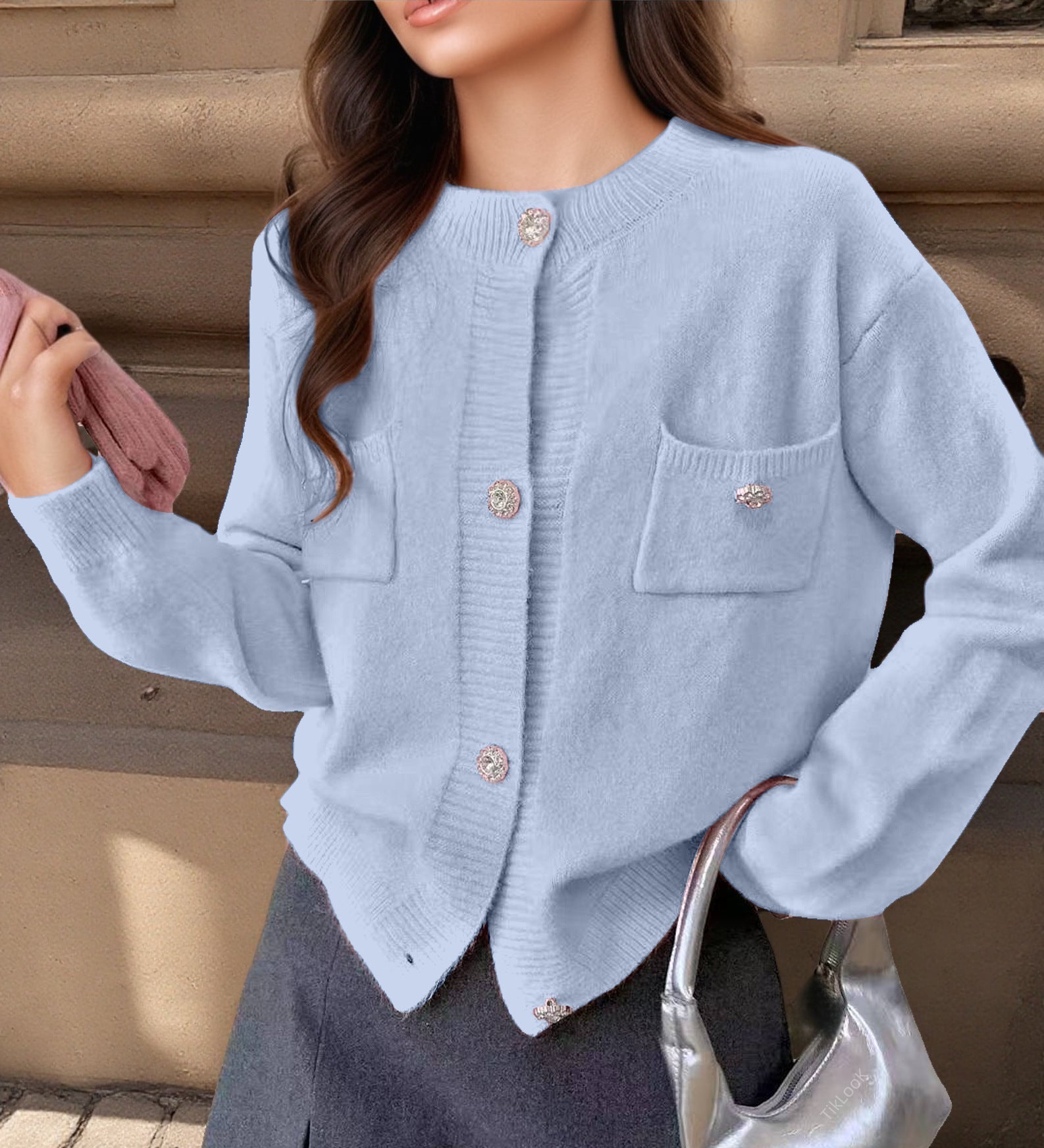 Women's wool blend relaxed fit cardigan with button closure and decorative pockets, everyday layering style