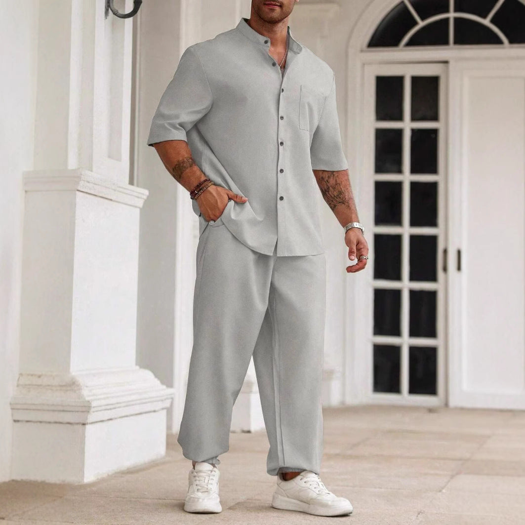 Men's cotton linen 2-piece set relaxed fit short sleeve shirt and trousers breathable Nordic style