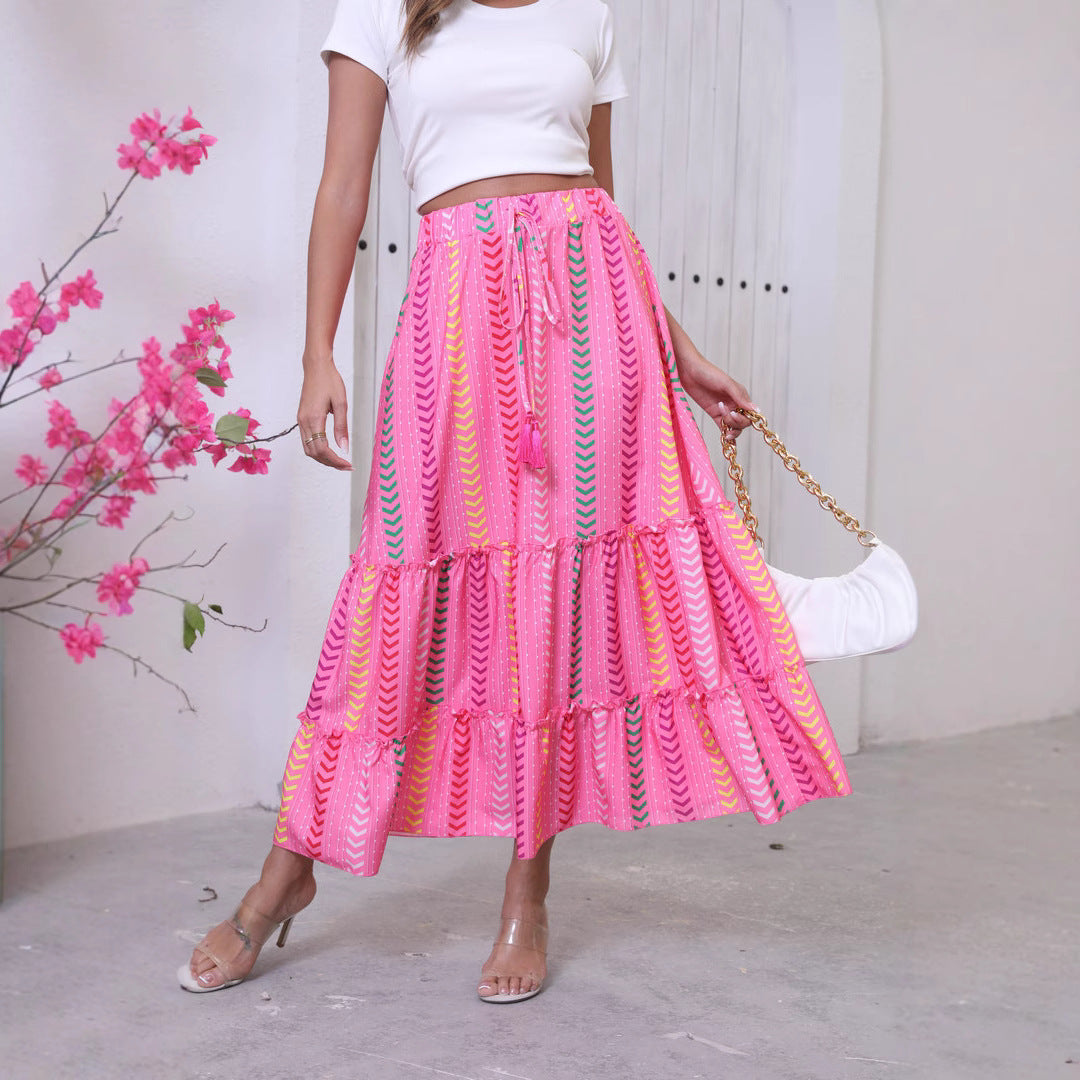 Women's boho maxi skirt high waist tiered silhouette with fringe waist detail cotton feel fabric
