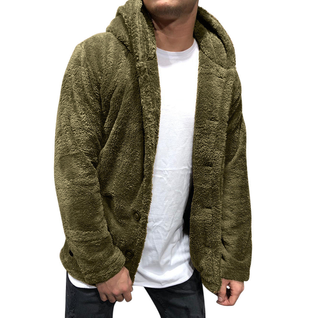 Men's relaxed fit hooded fleece jacket with button closure for casual layering and everyday warmth