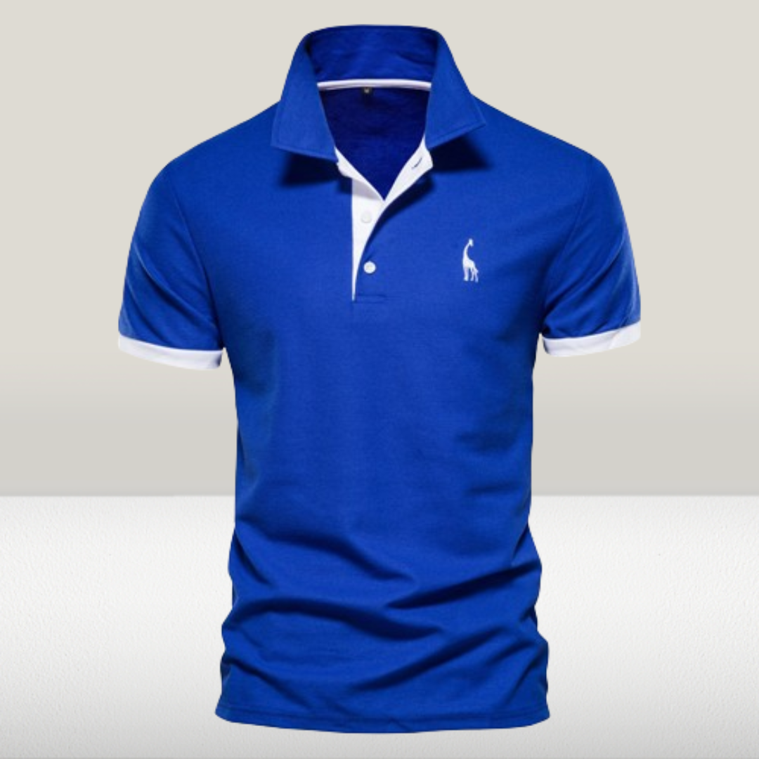 Men's navy blue ComfortFit polo shirt, ribbed collar, two-button placket, breathable cotton blend