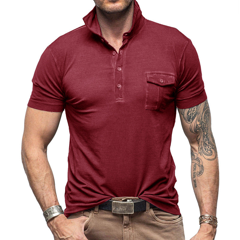 Men's slim fit breathable cotton polo shirt with stand collar and chest pocket, versatile casual style