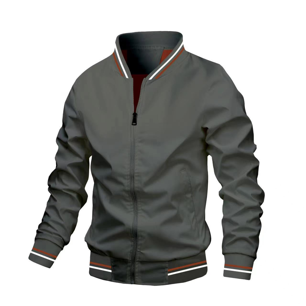 Men's slim fit bomber jacket with stand collar, zip front closure, lightweight with ribbed cuffs