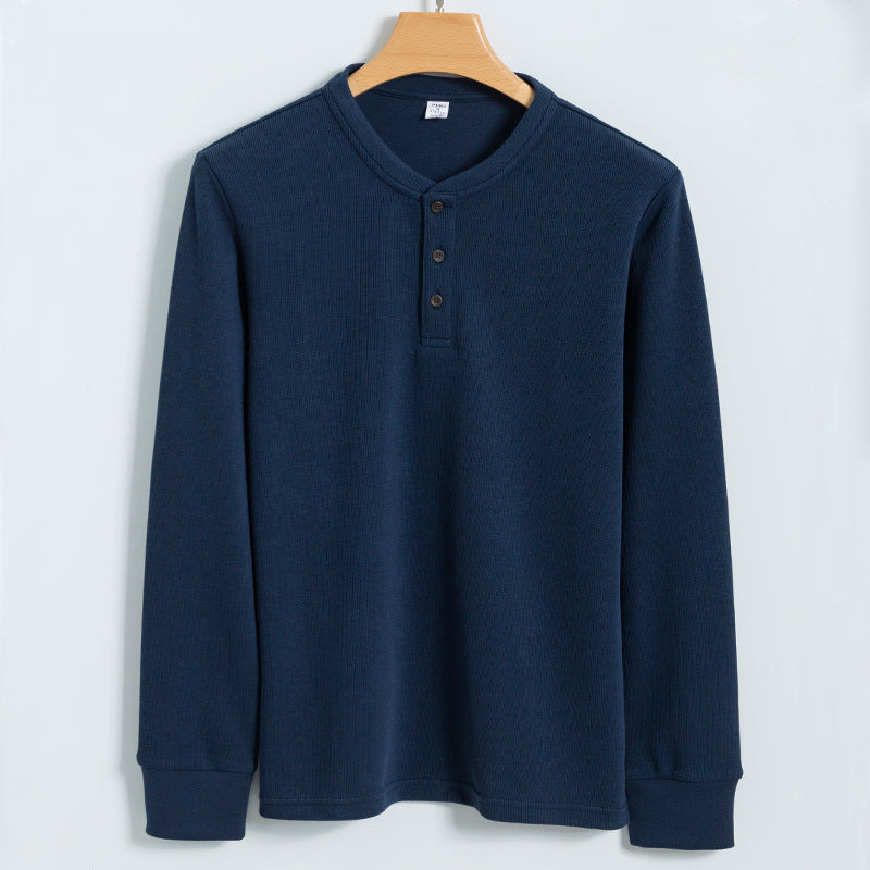 Men's gray waffle knit henley sweater relaxed fit with three-button placket for layering