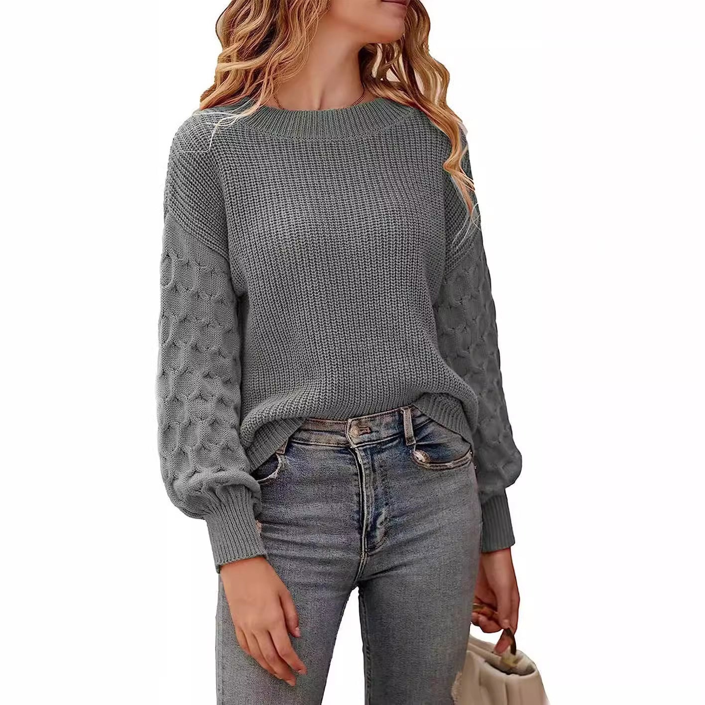 Women's chunky knit sweater relaxed fit with textured sleeve pattern, cozy fall winter style
