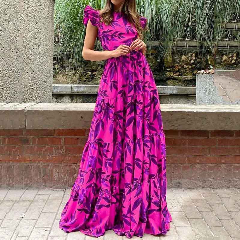 Women's printed maxi dress lightweight ruched sleeves ruffled skirt casual warm-weather style