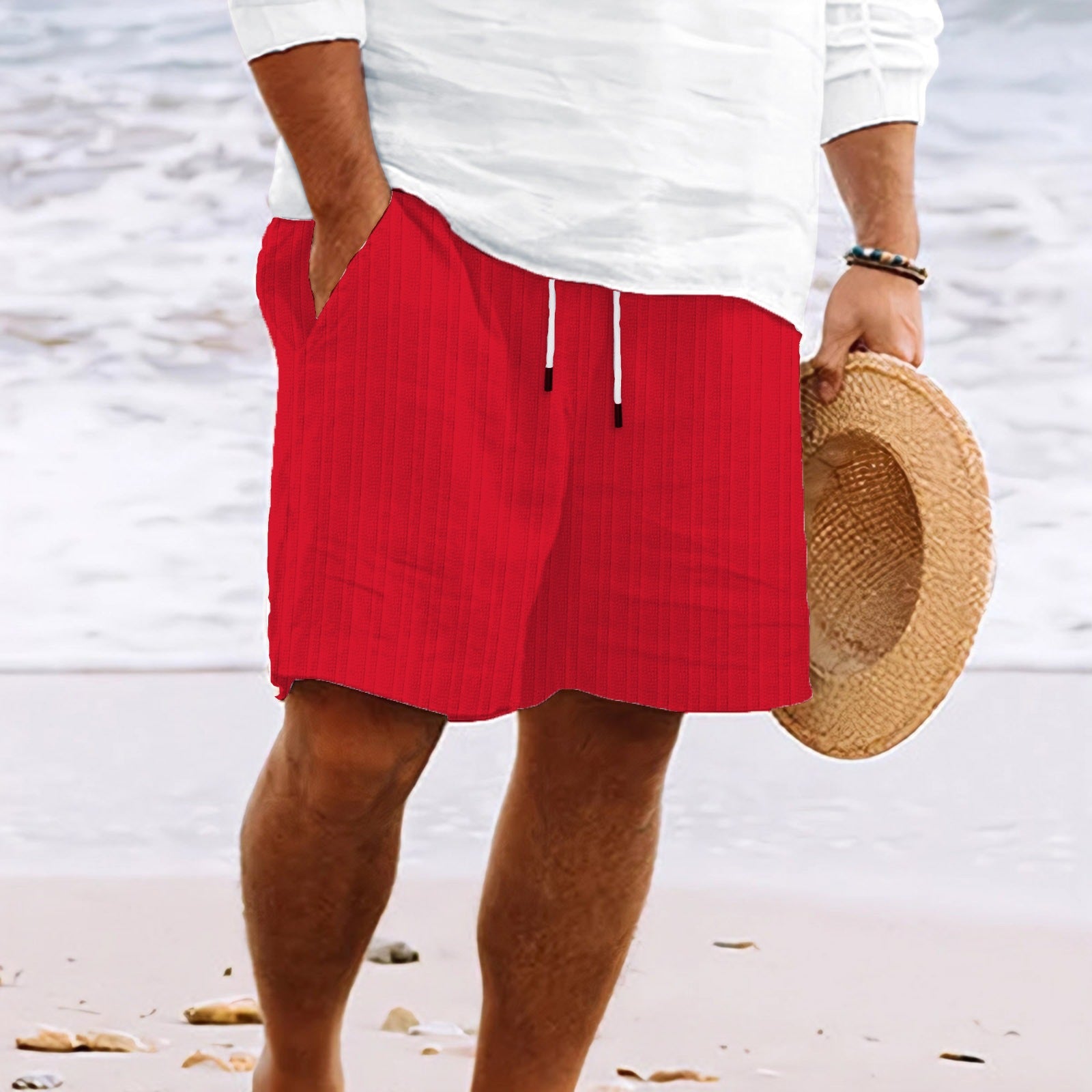 Men's linen cotton relaxed fit shorts with multi-pockets elastic drawstring waist, lightweight summer style