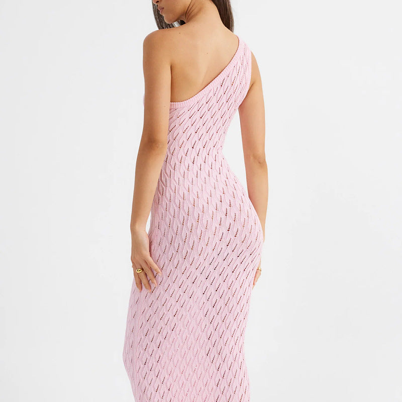 Women's black open-knit ankle-length dress with asymmetric one-shoulder neckline for evening