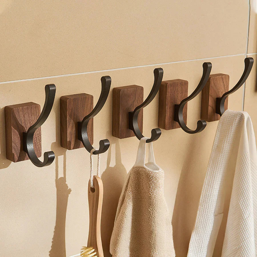 Nordic walnut wood wall hook matte black aluminum minimalist damage-free storage small spaces