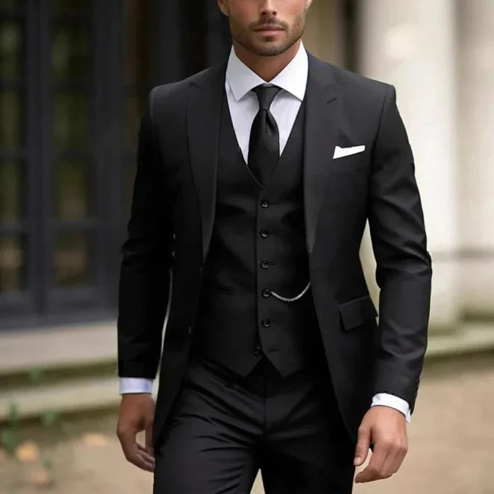 Men's slim fit three-piece wedding suit with vest, trousers, classic formal style for groomsmen
