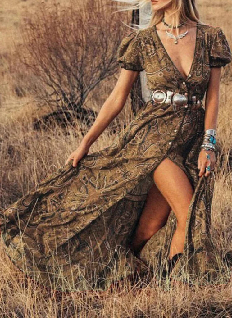 Women's maxi dress fitted waist puff sleeves front slit button detail spring summer style