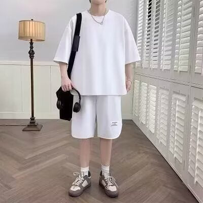 Men's relaxed fit cotton lounge set, short sleeve top and knee-length shorts, breathable summer style