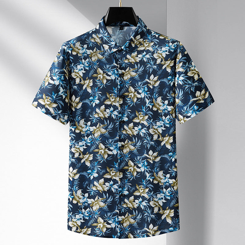 Men's blue silk button-up shirt bold yellow hibiscus print lightweight moisture-wicking summer vacation