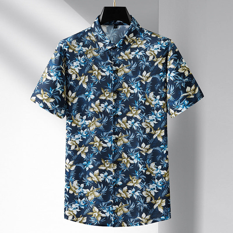 Men's blue silk button-up shirt bold yellow hibiscus print lightweight moisture-wicking summer vacation