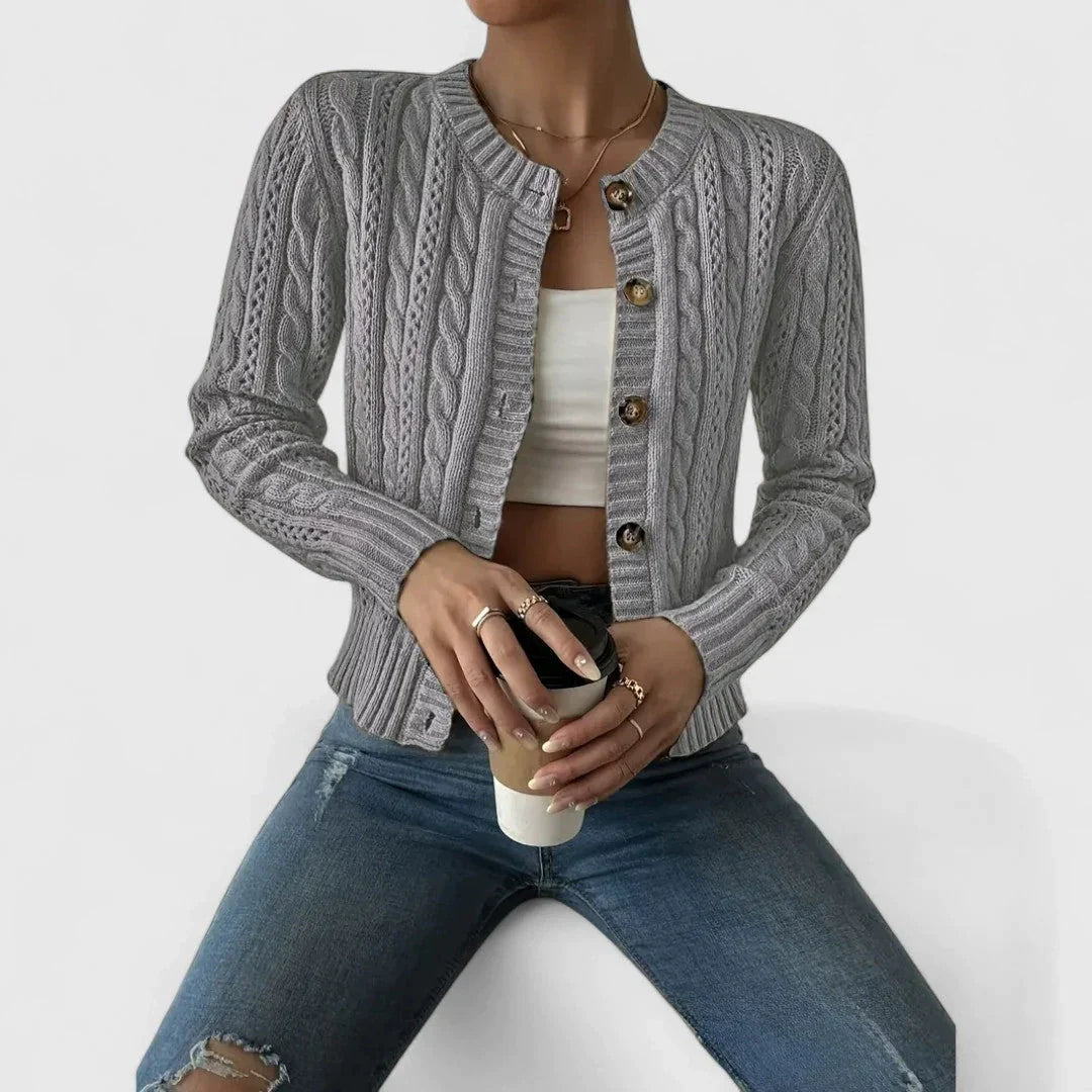 Women's cozy cable knit cardigan relaxed fit button front with ribbed trim, casual winter style