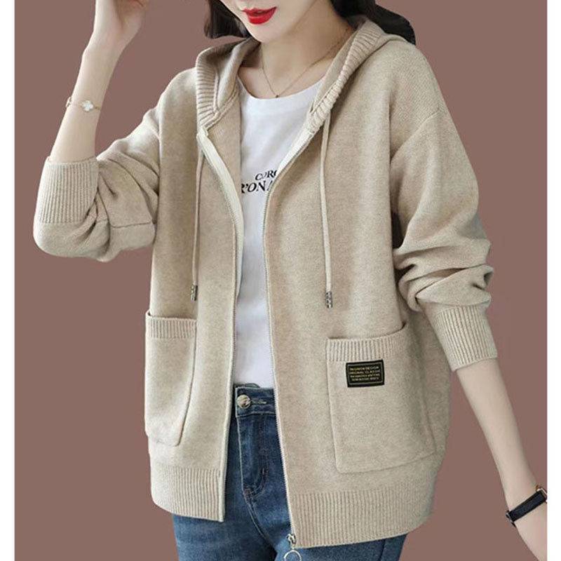 Aria wool zip-up hoodie in neutral tone with adjustable drawstring hood and front pockets