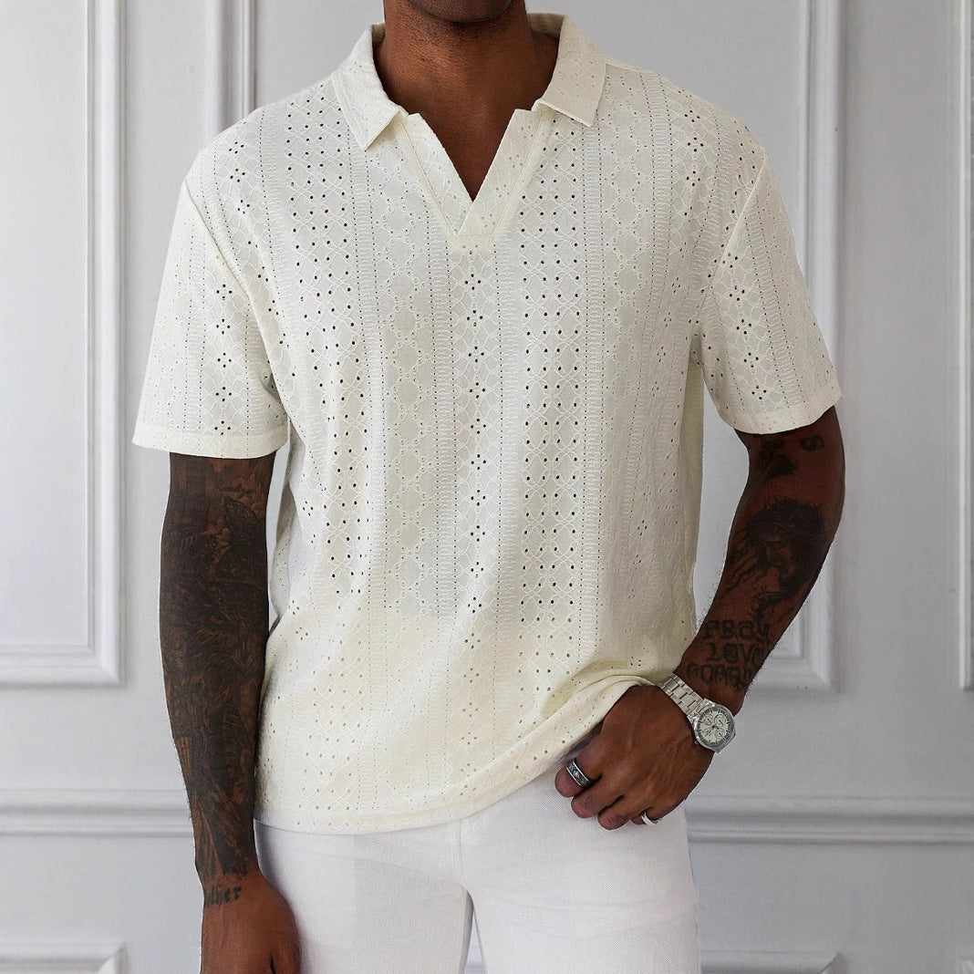 Men's relaxed-fit knit jacquard lace short sleeve t-shirt with breathable cotton blend texture