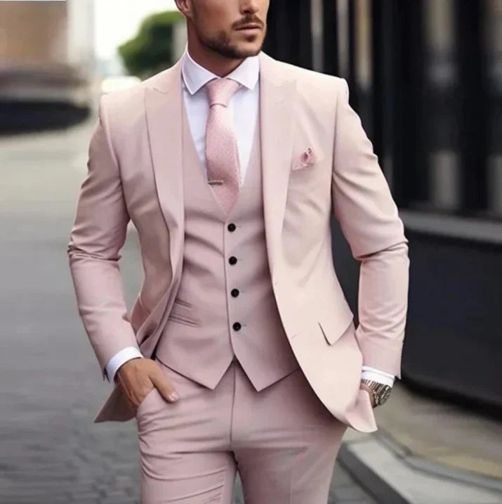 Men's navy 3-piece classic fit wedding suit with two-button blazer, waistcoat, and matching trousers