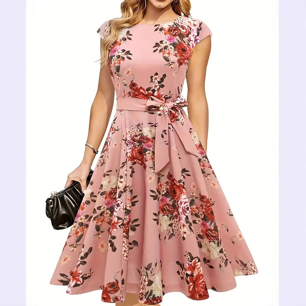 Elodie women's midi dress A-line silhouette tie waist round neckline everyday elegance